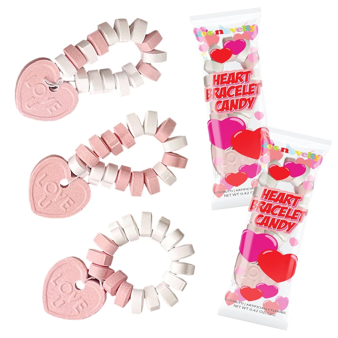 4E's Novelty 30 Packs Heart Candy Bracelet, Valentine Candies Bracelets Individually Wrapped Bulk with Love U Charm, Valentines Candies for Kids Classroom Exchange, Fun Candy Bracelet Valentines